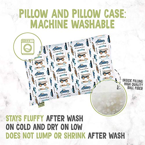 Almohada para niños con funda - Almohada para bebés de algodón orgánico suave 13x18 para dormir - Lavable e Respirable - Niños, bebés y recién nacidos - Perfecto para viajar (Vroom)