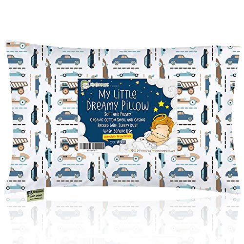 Almohada para niños con funda - Almohada para bebés de algodón orgánico suave 13x18 para dormir - Lavable e Respirable - Niños, bebés y recién nacidos - Perfecto para viajar (Vroom)