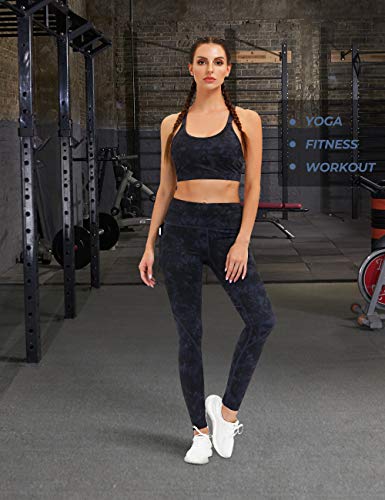 ALONG FIT Mujer Leggings Deportivos con Bolsillo Banda Elástica, Pantalones Deportivos Opacos de Cintura Alta, Mallas para Yoga Gimnasio Ejercicio Jogging Azul granito XL