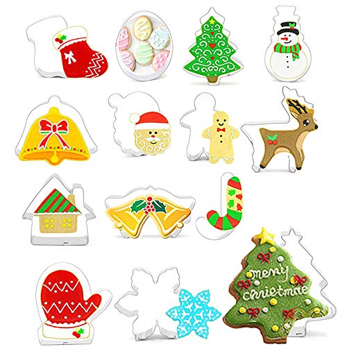 Amacoam Cortadores de Galletas Navidad Moldes Galletas Navidad de Acero Inoxidable 14 Piezas Juego de Moldes Cortador de Galletas para Galletas Decoracion Tarta Accesorio de Cocina Galletas Hornear