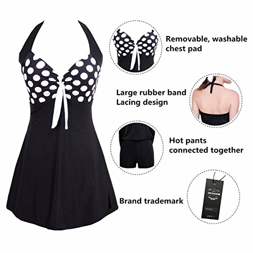 AMAGGIGO Traje de baño Push up Halter de Mujer Traje de baño formador de Figura con faldita Bauchweg Traje de baño de una Pieza (FBA) (Puntos Negros, EU 48-50)