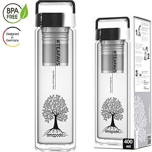 amapodo tetera tarro 400ml doble pared con colador de acero inoxidable y tapa plateada