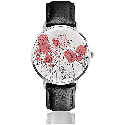 Amapolas Rojas en un Papel Arrugado Mujeres Hombres Señora Chica Adolescente Casual PU Reloj de Cuero Reloj de Pulsera
