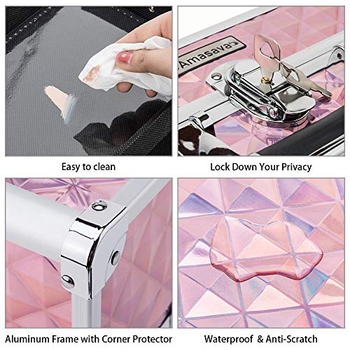 Amasava Maletín para Maquillaje, Estuche de Maquillaje, Estuche de Cosméticos, 24cm x 17cm x 19cm, ABS de Aluminio, con Espejo, Cerradura, 2 bandejas, Rosa