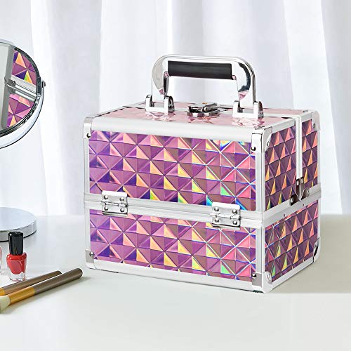 Amasava Maletín para Maquillaje, Estuche de Maquillaje, Estuche de Cosméticos, 24cm x 17cm x 19cm, ABS de Aluminio, con Espejo, Cerradura, 2 bandejas, Rosa
