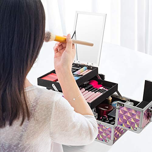 Amasava Maletín para Maquillaje, Estuche de Maquillaje, Estuche de Cosméticos, 24cm x 17cm x 19cm, ABS de Aluminio, con Espejo, Cerradura, 2 bandejas, Rosa