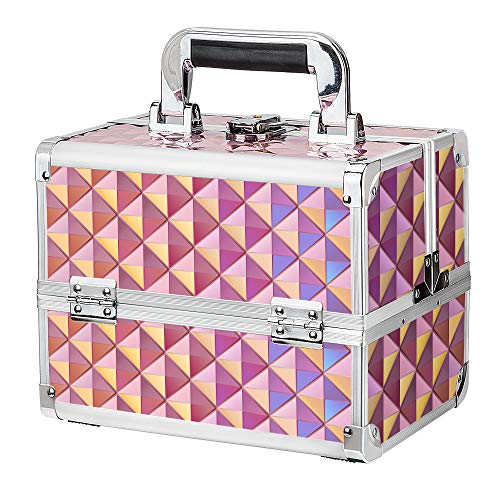 Amasava Maletín para Maquillaje, Estuche de Maquillaje, Estuche de Cosméticos, 24cm x 17cm x 19cm, ABS de Aluminio, con Espejo, Cerradura, 2 bandejas, Rosa