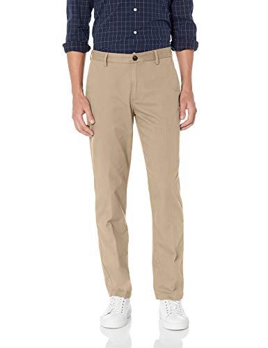 Amazon Essentials – Pantalón chino sin pinzas en la parte delantera, resistente a las arrugas, de corte recto para hombre, Marrón (Khaki), 38W x 30L