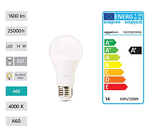 AmazonBasics Professional - Bombilla de tipo Edison LED, casquillo E27, equivalente a 100 W, blanco frío - juego de 6