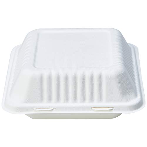 AmazonBasics - Recipientes de comida desechables, diseño de almeja, con bisagras, convertibles en abono ecológico y biodegradables, 22 x 22 x 8 cm, 25 unidades