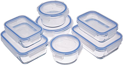 AmazonBasics - Recipientes de cristal para alimentos, con cierre 14 piezas (7 envases + 7 tapas), sin BPA