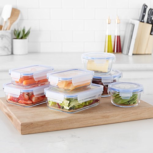 AmazonBasics - Recipientes de cristal para alimentos, con cierre 14 piezas (7 envases + 7 tapas), sin BPA