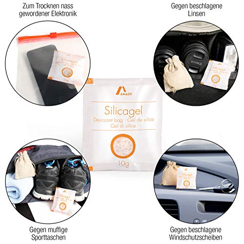 Amazy Paquetes de Gel de Silice – Bolsas absorbentes de Humedad, desecantes y Reutilizables – 10 x 10 g