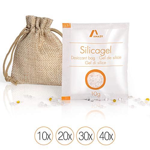 Amazy Paquetes de Gel de Silice – Bolsas absorbentes de Humedad, desecantes y Reutilizables – 10 x 10 g