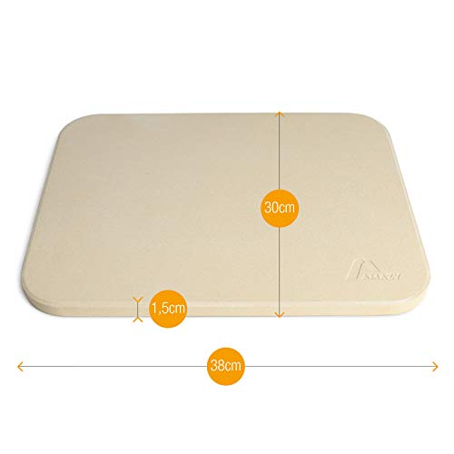 Amazy Piedra para pizza (38 x 30 x 1,5 cm) + Pala de Bambú + Papel Horno Reutilizable + Instrucciones - Dele a su pizza el original sabor italiano al horno de leña.
