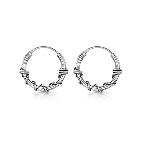 Amberta Aros Tribales de Bali en Plata de Ley 925 - Pendientes Étnicos de Estilo Indio - Diámetro: 15 mm - Modelo Cuerda