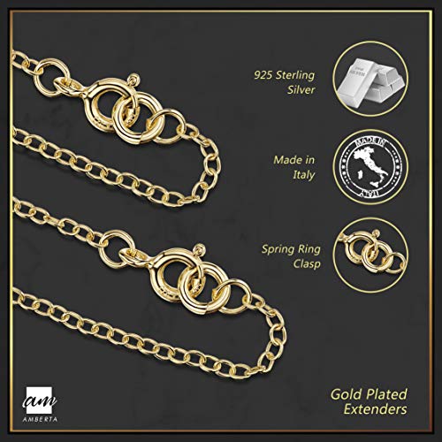 Amberta Set de 3 Cadenas de Extensión para Pulseras y Collares en Plata de Ley 925 Chapadas Oro Amarillo 18K - Kit de Extensor 2 mm para Tobilleras para Mujer - Longitudes: 25, 50, 100 mm