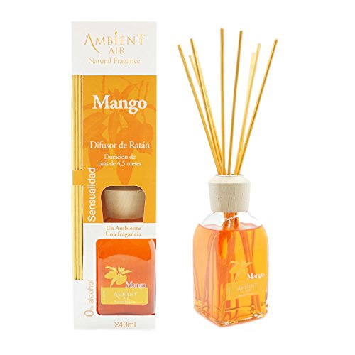 Ambientair Classic. Difusor de varillas perfumadas. Ambientador Mikado aroma Mango. Difusor 240 ml con palitos de ratán. Ambientador para Hogar sin alcohol.