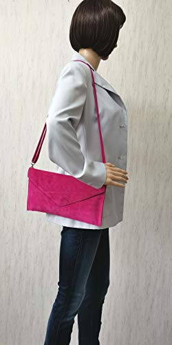 AmbraModa bolsa de embragues, envelope clutch, carteras de mano de ante genuino para mujer WL801 (Rosa Oscuro)