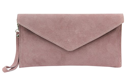AmbraModa bolsa de embragues, envelope clutch, carteras de mano de ante genuino para mujer WL801 (Rosa Oscuro)