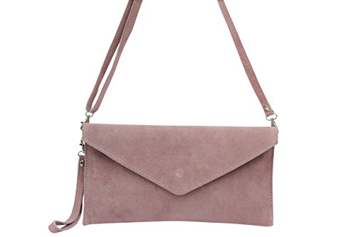 AmbraModa bolsa de embragues, envelope clutch, carteras de mano de ante genuino para mujer WL801 (Rosa Oscuro)