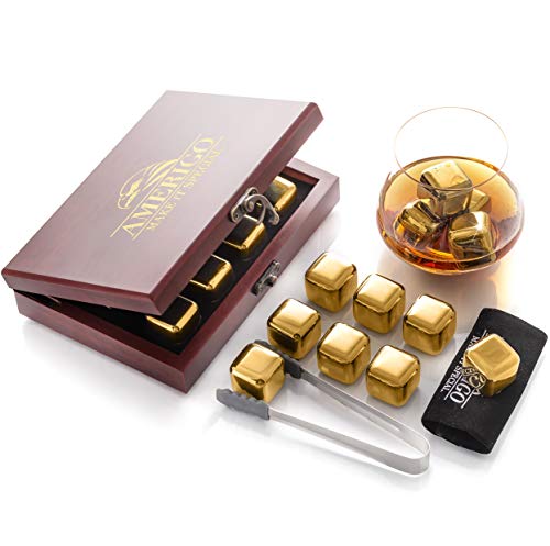 Amerigo Oro Piedras Whisky Set de Regalo de Acero Inoxidable - Regalos Originales para Hombre - Whisky Stones Gift Set - 8 Cubitos de Hielo Reutilizables para Whiskey - Hielos Reutilizables