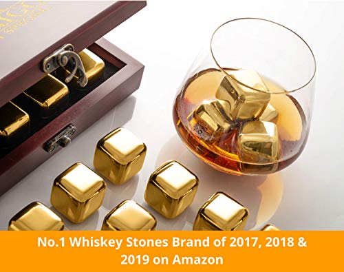 Amerigo Oro Piedras Whisky Set de Regalo de Acero Inoxidable - Regalos Originales para Hombre - Whisky Stones Gift Set - 8 Cubitos de Hielo Reutilizables para Whiskey - Hielos Reutilizables