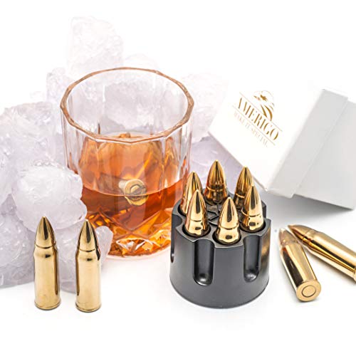 Amerigo XL Oro Forma de Bala Whisky Piedras Set de Regalo de Acero Inoxidable - Regalos Hombre - Regalos dia Del Padre- Whiskey Stones Bullets Gift Set - 6 Cubitos de Hielo Reutilizables para Whisky