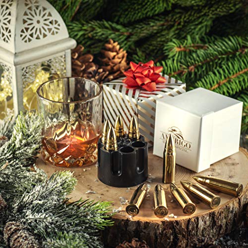 Amerigo XL Oro Forma de Bala Whisky Piedras Set de Regalo de Acero Inoxidable - Regalos Hombre - Regalos dia Del Padre- Whiskey Stones Bullets Gift Set - 6 Cubitos de Hielo Reutilizables para Whisky