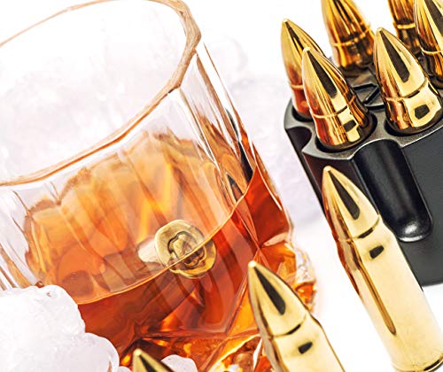 Amerigo XL Oro Forma de Bala Whisky Piedras Set de Regalo de Acero Inoxidable - Regalos Hombre - Regalos dia Del Padre- Whiskey Stones Bullets Gift Set - 6 Cubitos de Hielo Reutilizables para Whisky