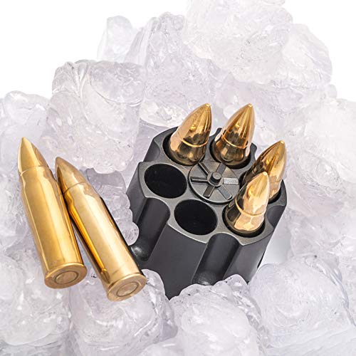 Amerigo XL Oro Forma de Bala Whisky Piedras Set de Regalo de Acero Inoxidable - Regalos Hombre - Regalos dia Del Padre- Whiskey Stones Bullets Gift Set - 6 Cubitos de Hielo Reutilizables para Whisky