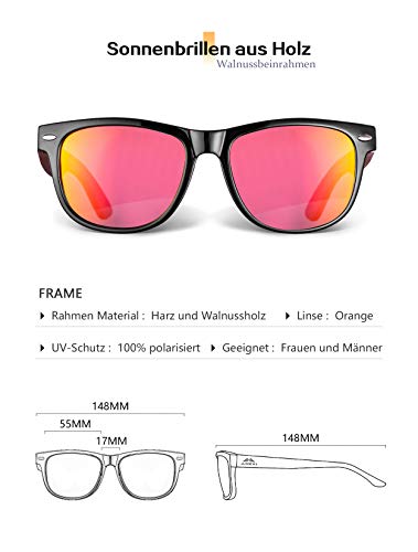 AMEXI Gafas de Sol Polarizadas Hombre y Mujere, UV400 Protection, Gafas Ligeras con Patillas de Madera (Naranja)