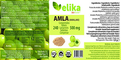 AMLA orgánica/ bio-240 comprimidos 500 mg a base de polvo- fortalecimiento del pelo y piel. Contiene vitamina C, minerales y antioxidantes. Fácil ingestión.