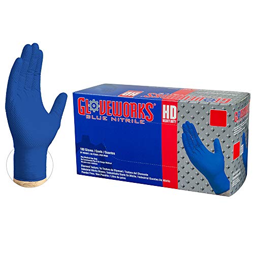 AMMEX GWRB44104E0BX Guantes desechables de nitrilo, azul real para uso intensivo GLOVEWORKS HD Grado industrial, Sin polvo, Sin látex, Mediano, 6 mil, Caja de 100