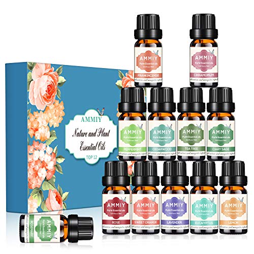 AMMIY aceites esenciales 12 * 10 ml, eucalipto, limón, menta, lavanda, naranja dulce, árbol de té, rosa