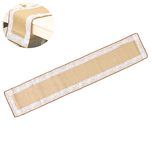 Amosfun arpillera rústica Natural Camino de Mesa arpillera Yute Vintage con Encaje Blanco para Boda Festival de Navidad al Aire Libre