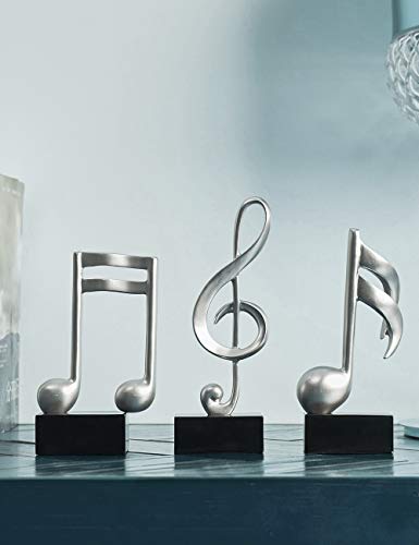 Amoy-Art 3 Piezas Figurillas Decorativas Música Estatuilla Nota Musical Regalos de Piano para el Hogar Souvenirs Giftbox Resina Plata 19cmH