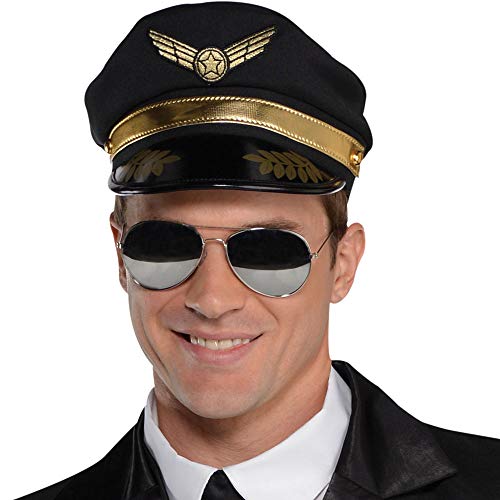 amscan- Adults Costume in Black with Pilot Hat and Lanyard-Size L-1 PC Disfraz Captain Wingman, Color no sólido, 48/50 (844183)