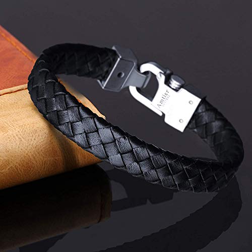 Amtier Pulsera de Cuero Brazalete Ajustable con Acero Inoxidable Push-Pull Cierre para Hombre