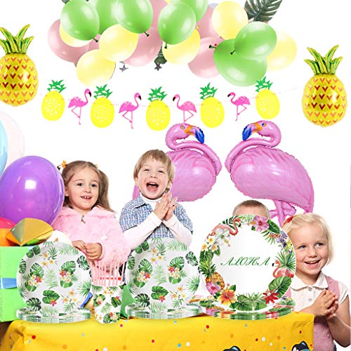 Amycute 101 Piezas Vajilla de Hawaianos Cumpleaños Adulto, Decoración de Globo Diseño Flamenco Globos Banner de Piña para Fiesta de Tropical Piscina de Verano