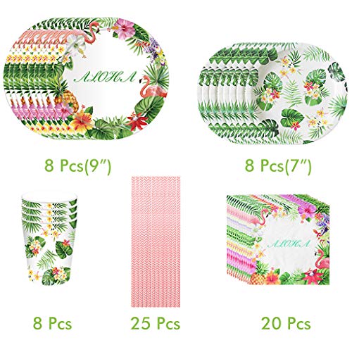 Amycute 101 Piezas Vajilla de Hawaianos Cumpleaños Adulto, Decoración de Globo Diseño Flamenco Globos Banner de Piña para Fiesta de Tropical Piscina de Verano