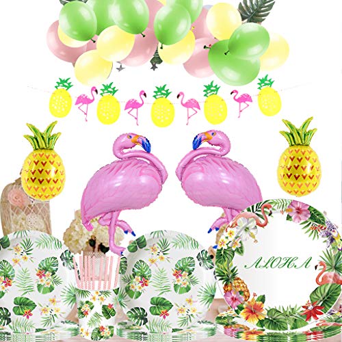 Amycute 101 Piezas Vajilla de Hawaianos Cumpleaños Adulto, Decoración de Globo Diseño Flamenco Globos Banner de Piña para Fiesta de Tropical Piscina de Verano