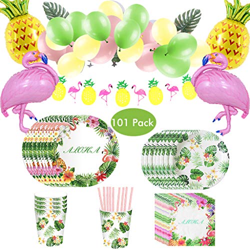 Amycute 101 Piezas Vajilla de Hawaianos Cumpleaños Adulto, Decoración de Globo Diseño Flamenco Globos Banner de Piña para Fiesta de Tropical Piscina de Verano