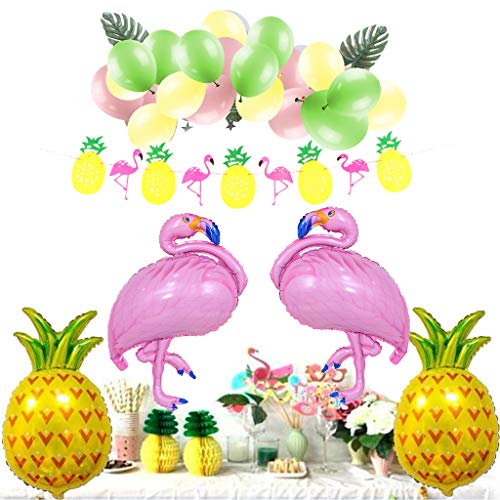 Amycute 101 Piezas Vajilla de Hawaianos Cumpleaños Adulto, Decoración de Globo Diseño Flamenco Globos Banner de Piña para Fiesta de Tropical Piscina de Verano