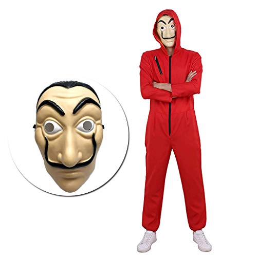 Amycute 2 PCS Disfraz de Ladrón y Máscara, Salvador Dalí Mono Rojo Adulto para Cosplay Carnaval Festival de Musica S(160-165cm)