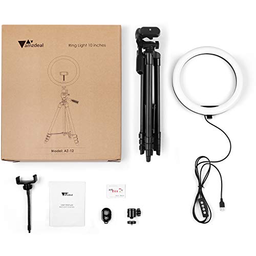 amzdeal 10'' Anillo de Luz LED 3 Colores 10%-100% Brillos Regulables Girar 360º Aro de Luz con Control Remoto y Soporte para Movil para Maquillaje/Videollamada/Selfie/Transmisión en Vivo