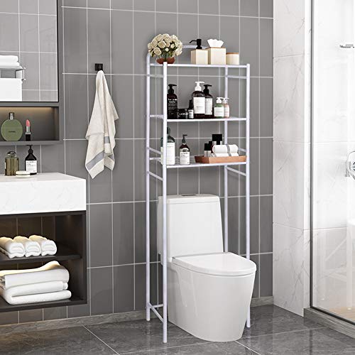 Amzdeal Estantería para inodoro, con 3 estantes, Estante de toallas y artículos de tocador, Metal y Blanco, de talla 156.5 x 28 x 49cm