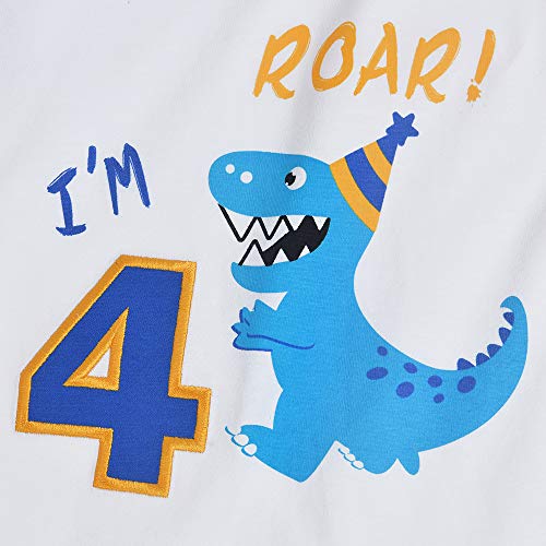AMZTM 4 Años Camiseta de Manga Corta Dinosaur Cumpleaños - Niños Top Shirt Dinosaurio Cumpleaños Fiesta 100% algodón T-Rex Bordado Gráfico T Shirt (Blanco, 4años-120)