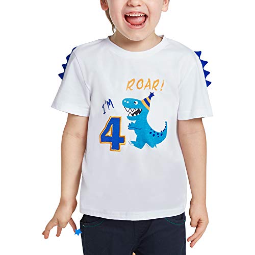 AMZTM 4 Años Camiseta de Manga Corta Dinosaur Cumpleaños - Niños Top Shirt Dinosaurio Cumpleaños Fiesta 100% algodón T-Rex Bordado Gráfico T Shirt (Blanco, 4años-120)