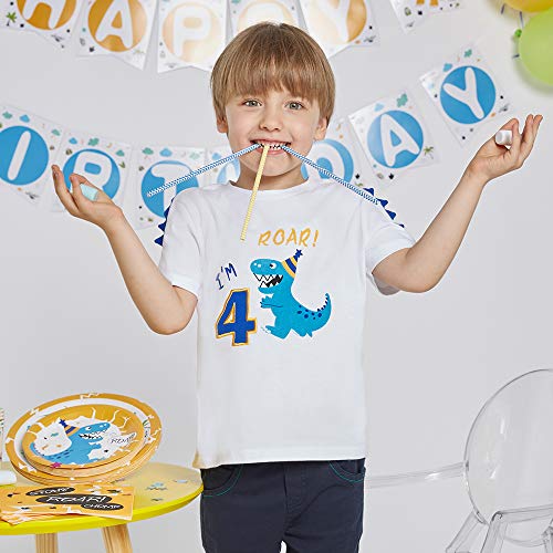 AMZTM 4 Años Camiseta de Manga Corta Dinosaur Cumpleaños - Niños Top Shirt Dinosaurio Cumpleaños Fiesta 100% algodón T-Rex Bordado Gráfico T Shirt (Blanco, 4años-120)